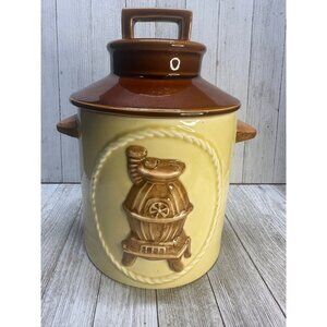 Vtg Pot Belly Stove Design Ceramic Cookie Jar Cannister with Brown Lid 9" Tall